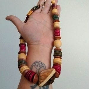 Beautiful wooden disc and rounded beaded necklace maroon, green, cream and brown
